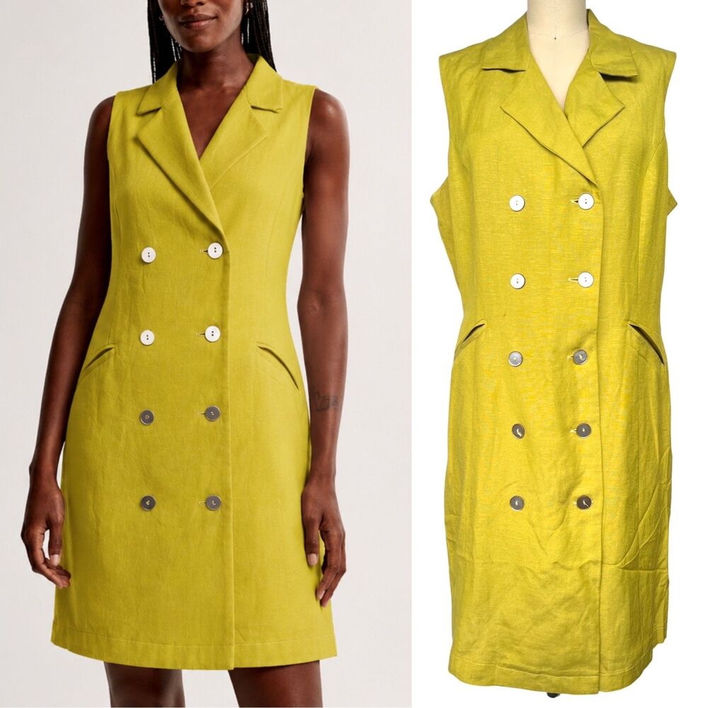 VTG 90s Positive Influence Linen Vest Dress Citron Green Double Breast A Line 16